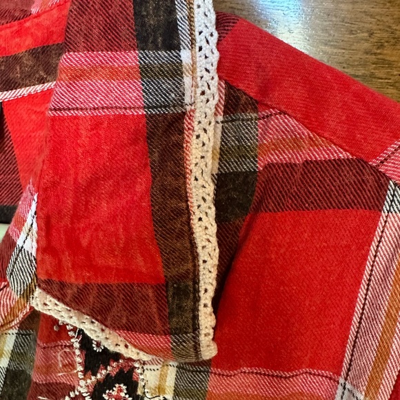 Red Plaid Button-Up Shirt with Embroidery